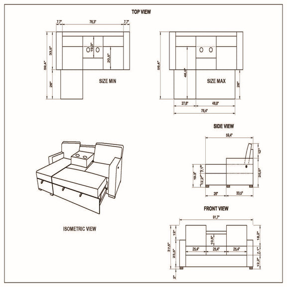 Sofa bed size diagram with top, side, front views and isometric layout