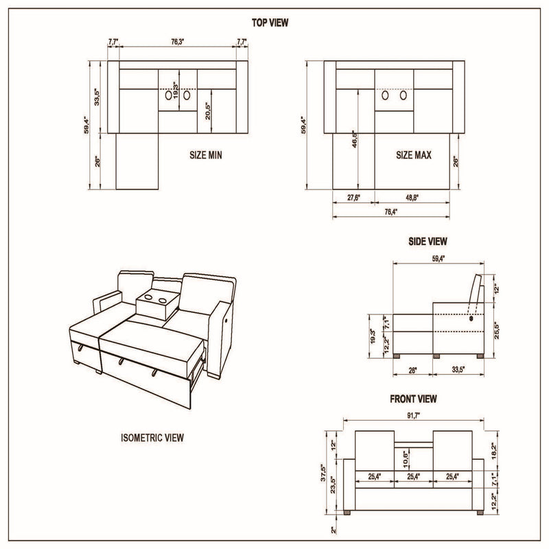 Sofa bed size diagram with top, side, front views and isometric layout