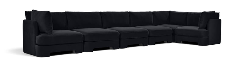 Black velvet performance L-shaped sectional sofa with tufted back cushions