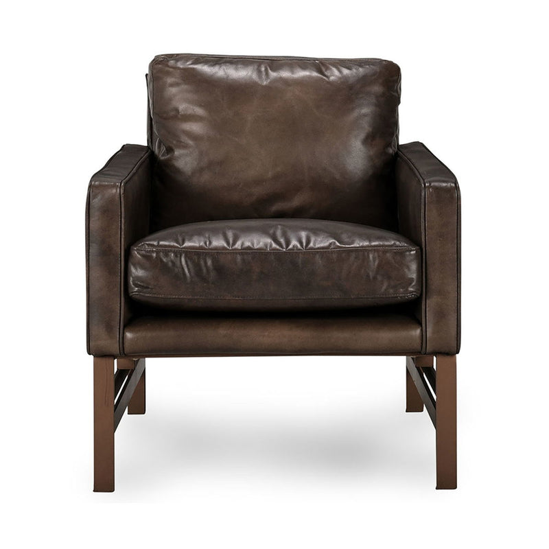 Chelsea club chair with truffle-brown leather upholstery, padded arms, dark wood legs.