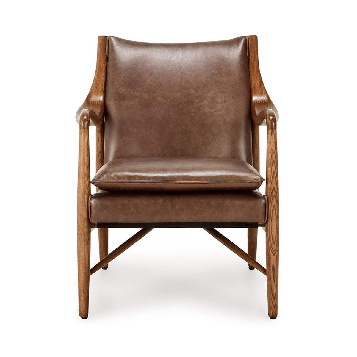 Brown leather club chair with curved wooden arms and cushioned seat