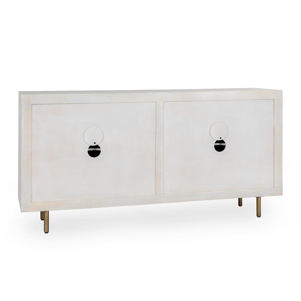 White cabinet with two doors, round knob pulls, and slender legs