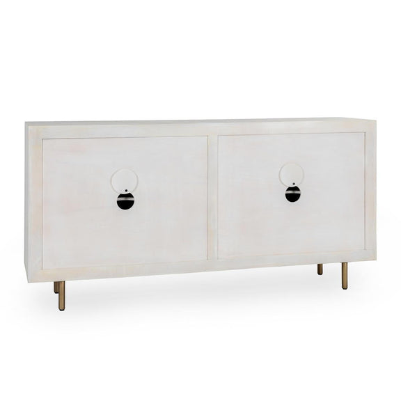 White cabinet with two doors, round knob pulls, and slender legs