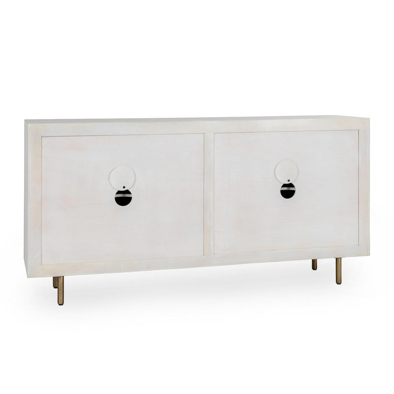 White cabinet with two doors, round knob pulls, and slender legs