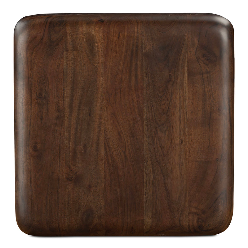 Eton dark brown wooden side table, top view showing rounded corners and wood grain