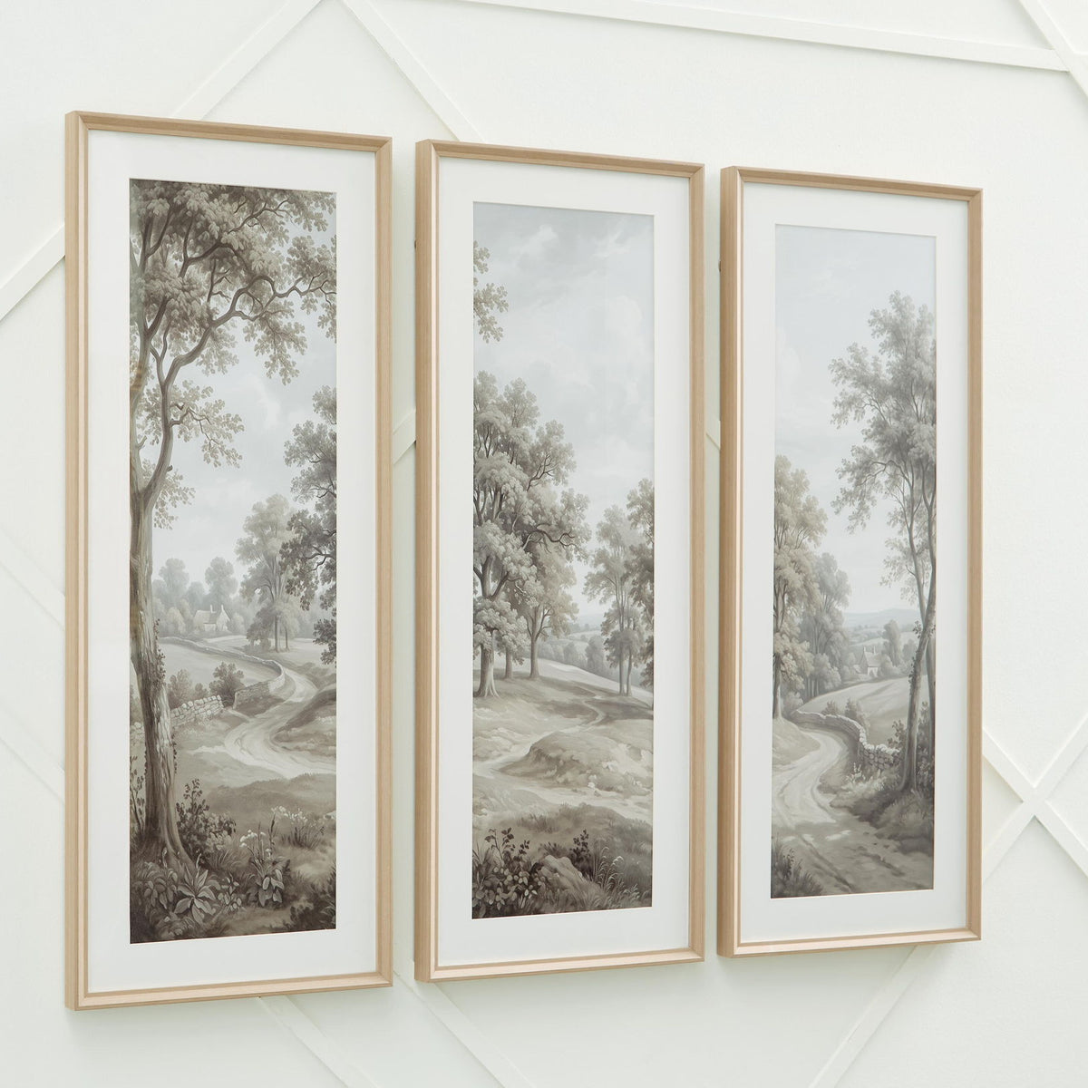 Set of 3 framed landscape prints with gray-toned trees and winding river