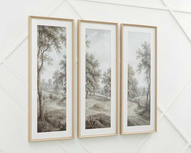 Set of 3 framed landscape prints with gray-toned trees and winding river