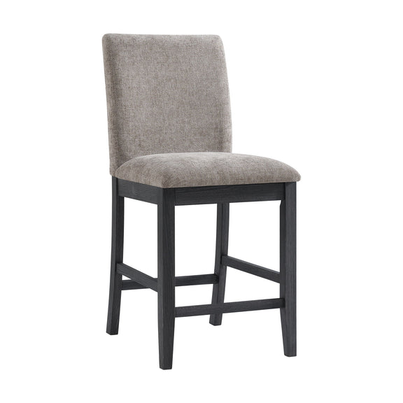 Upholstered counter stool with light gray fabric seat and back, dark espresso frame