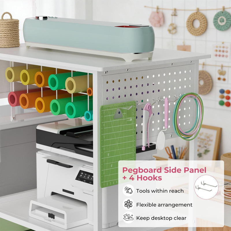 White pegboard side panel with 4 hooks on heat press workbench