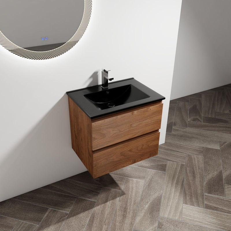 Wall-mounted bathroom vanity with black sink basin and brown wood cabinet with drawer fronts