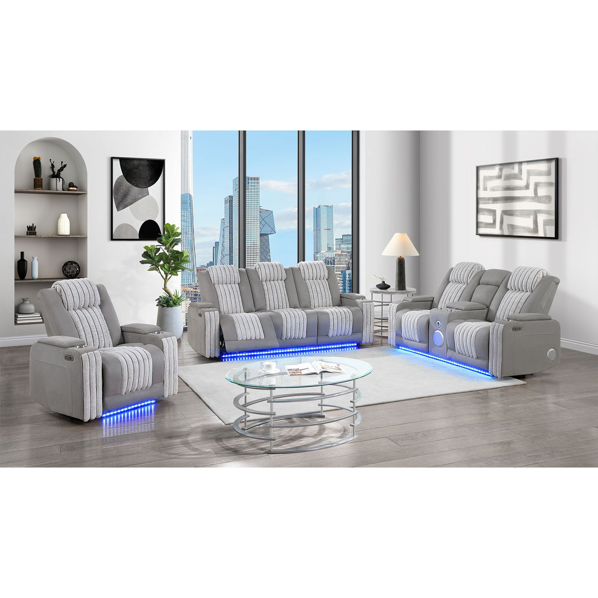 Light gray power reclining sofa set with built-in blue LED light strips at base