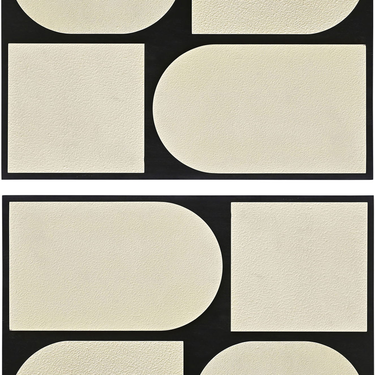 Geometric two-piece wall art with cream textured shapes and black border frames