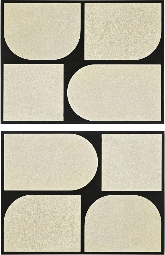 Geometric two-piece wall art with cream textured shapes and black border frames