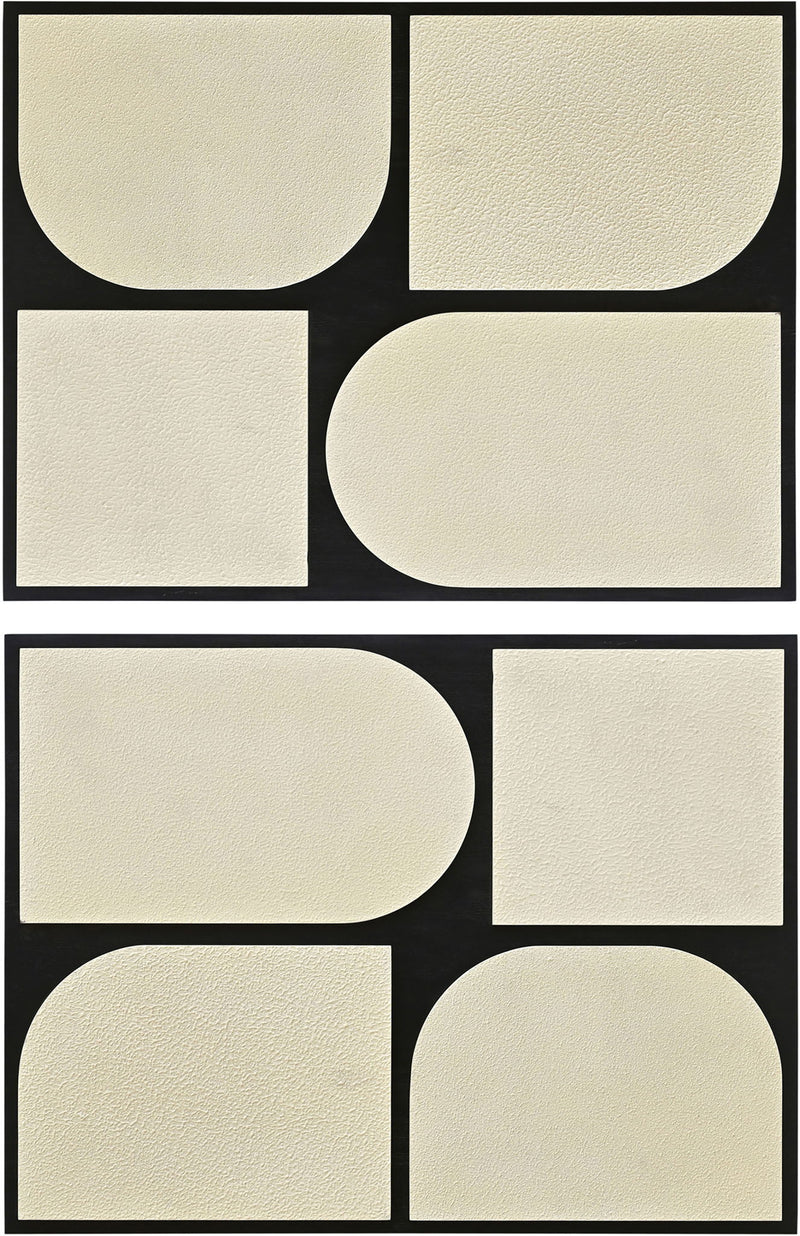 Geometric two-piece wall art with cream textured shapes and black border frames