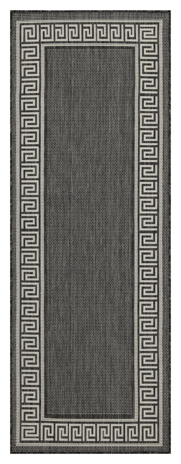 Dark charcoal area rug with cream Greek key border and vertically striped center.