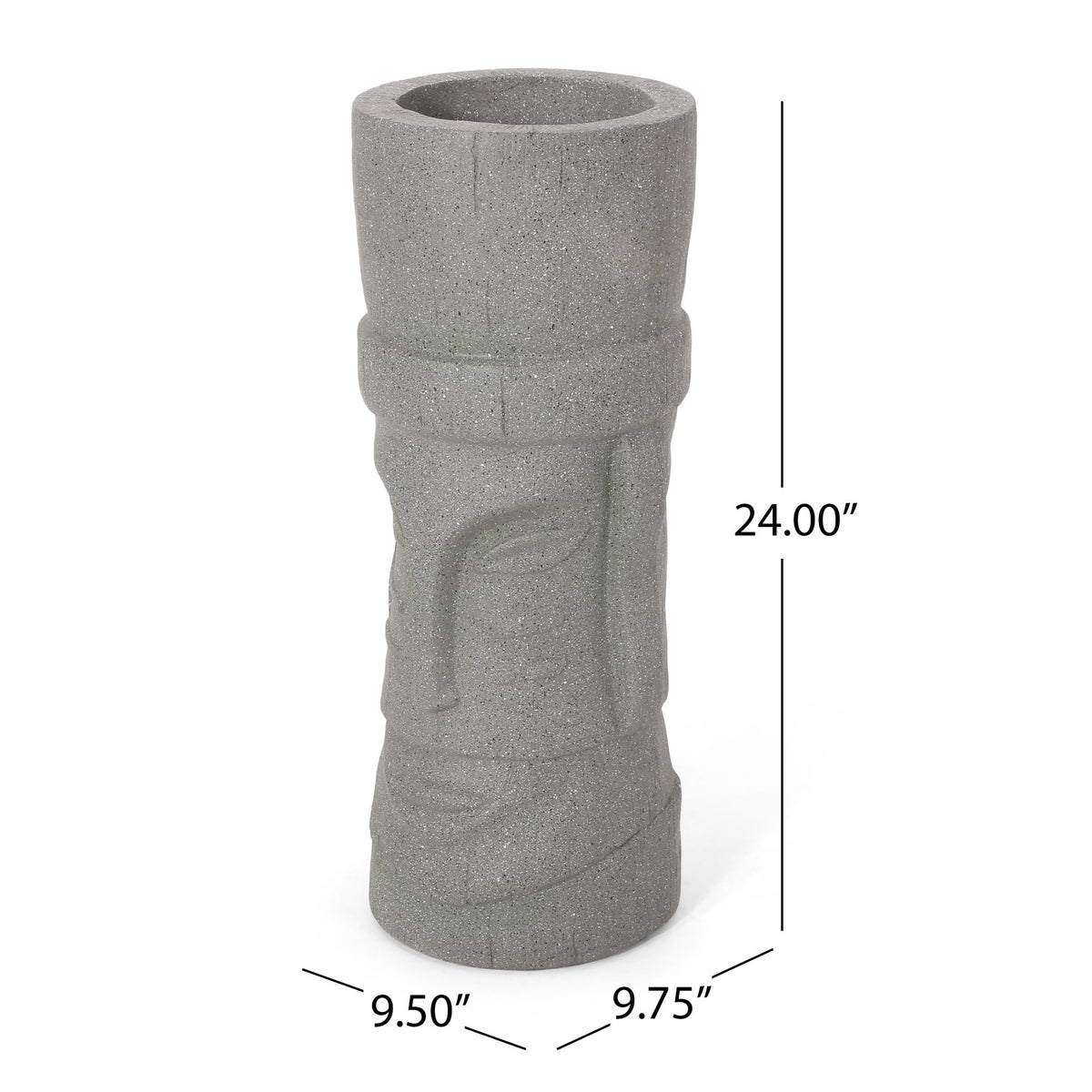 Stone gray cylindrical planter with carved vertical relief and round top opening