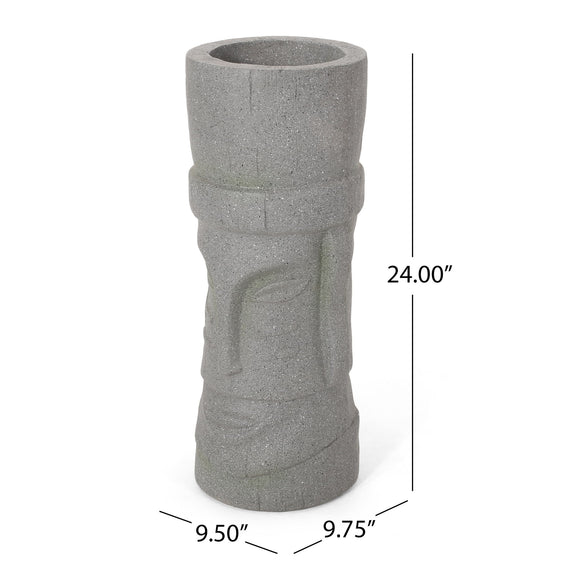 Stone gray cylindrical planter with carved vertical relief and round top opening