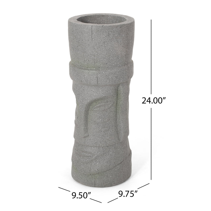 Stone gray cylindrical planter with carved vertical relief and round top opening