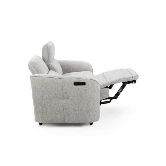 Gray upholstered power recliner sofa with extended footrest and upright headrest