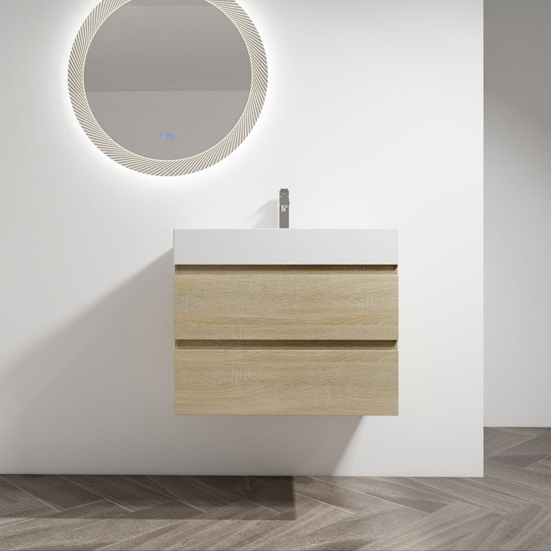 Wall-mounted bathroom vanity with white sink and faucet; light brown two-drawer cabinet