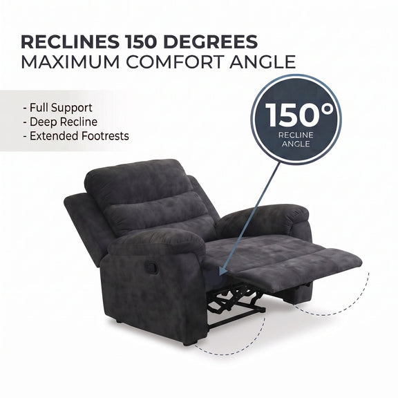 Dark gray recliner chair showing reclining mechanism and extended footrests