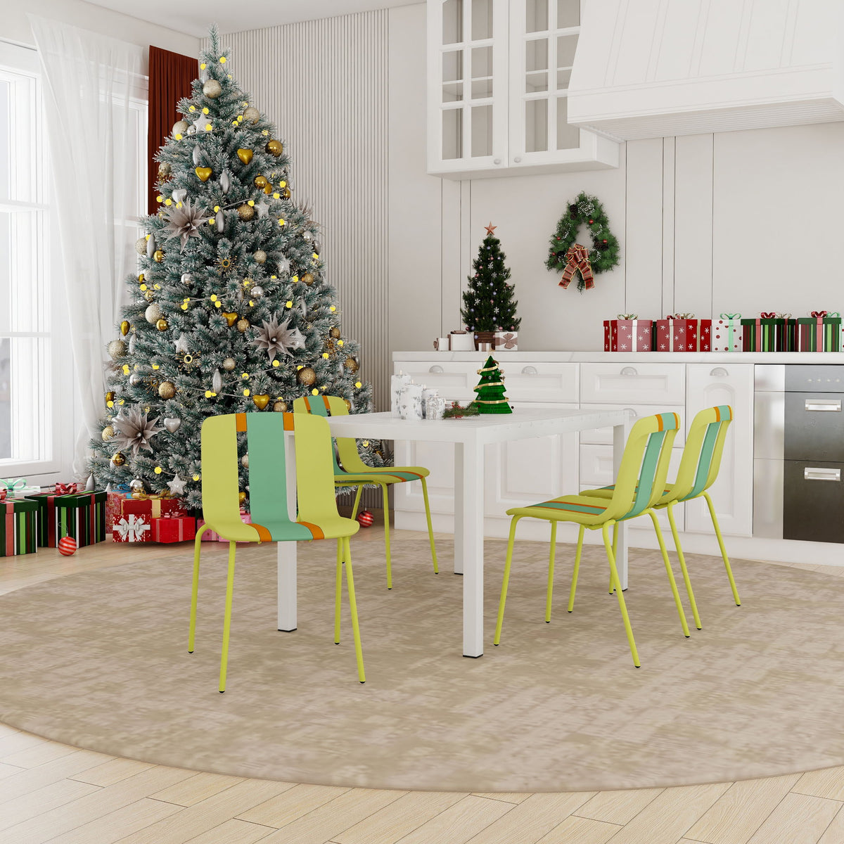 4 Piece Set Of Modern Striped Color- Blocking Single Chairs With Long Table