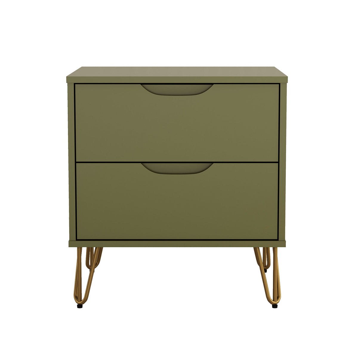 2-drawer nightstand with dark green finish, curved drawer pulls, tapered gold legs