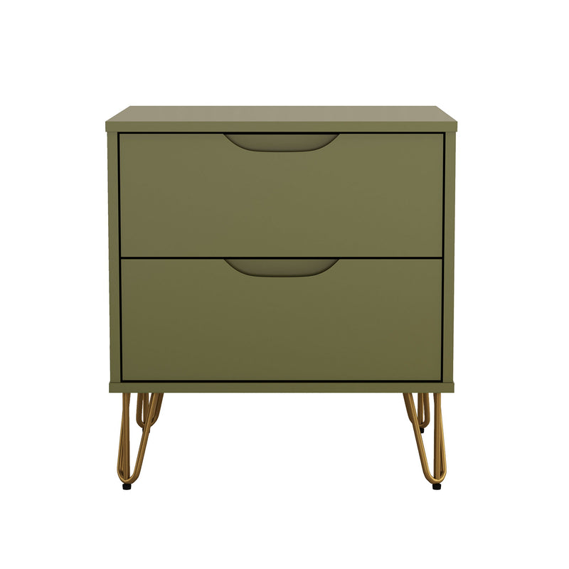 2-drawer nightstand with dark green finish, curved drawer pulls, tapered gold legs