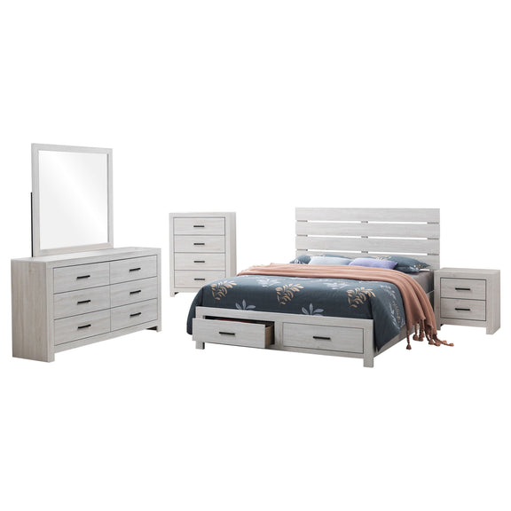 Light wood bedroom set: platform bed with slats, dresser, nightstand, chest, and mirror