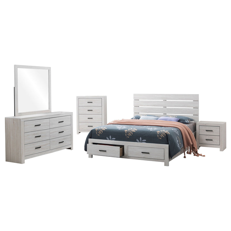 Light wood bedroom set: platform bed with slats, dresser, nightstand, chest, and mirror