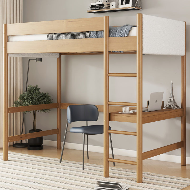 Twin Size Loft Bed with Desk, Boucle Upholstered Headboard and Footboard with Ladder, Safety Guardrails, Rubber Wooden Loft Bed, Natural
