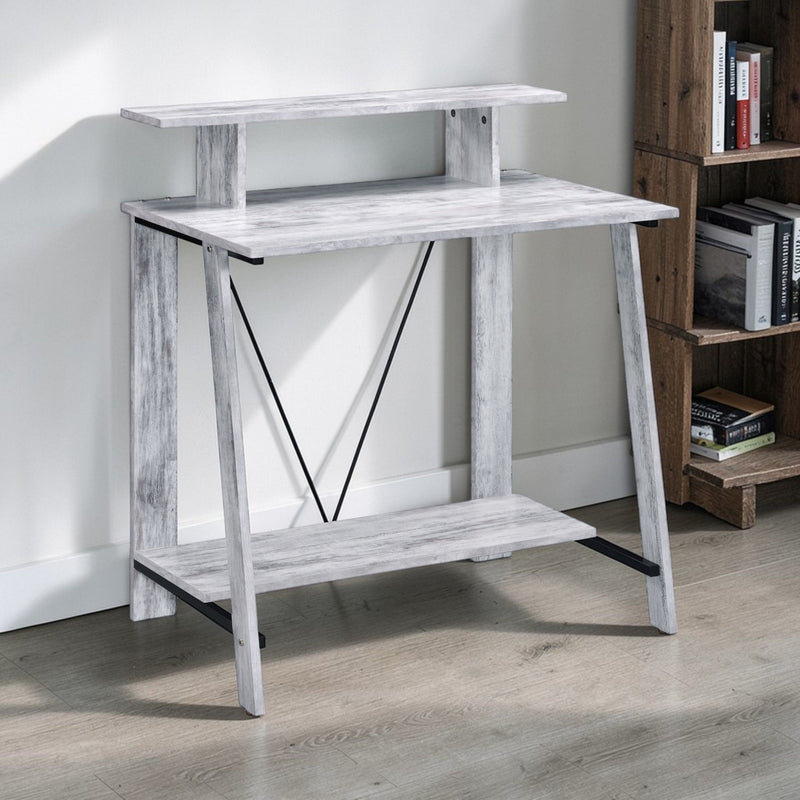 Light wood modern writing desk with two-tier shelves and open X-brace frame