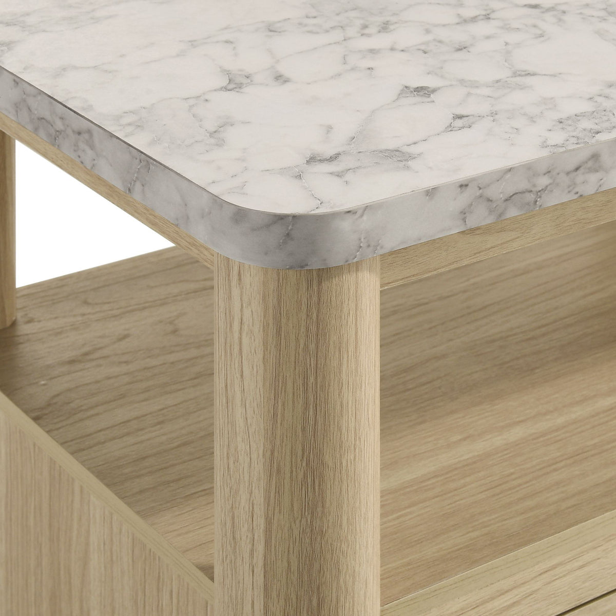 Natural wood nightstand corner with marble-look top and open shelf
