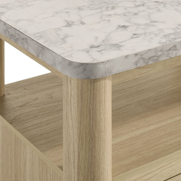 Natural wood nightstand corner with marble-look top and open shelf