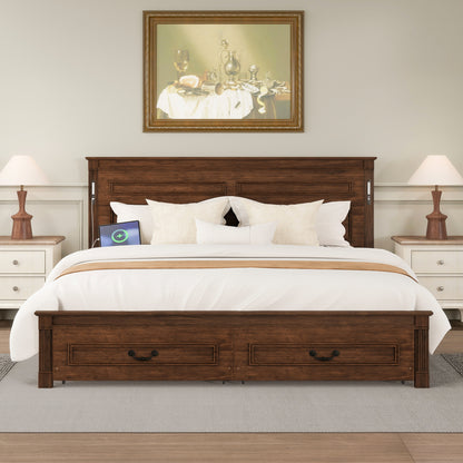 King Size Bed with Tall-Panel Headboard & Footboard, 2 Storage Drawers, Built-in LED Lights, USB Charging Station, Pinewood Bed with Strengthened Bed Frame, Walnut