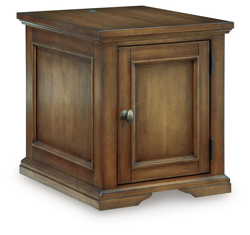 Dark brown end table with one door and metal pull, recessed panel sides, square top