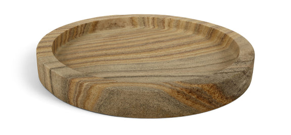 Sandstone tray with circular rim, natural tan and gray striped stone surface