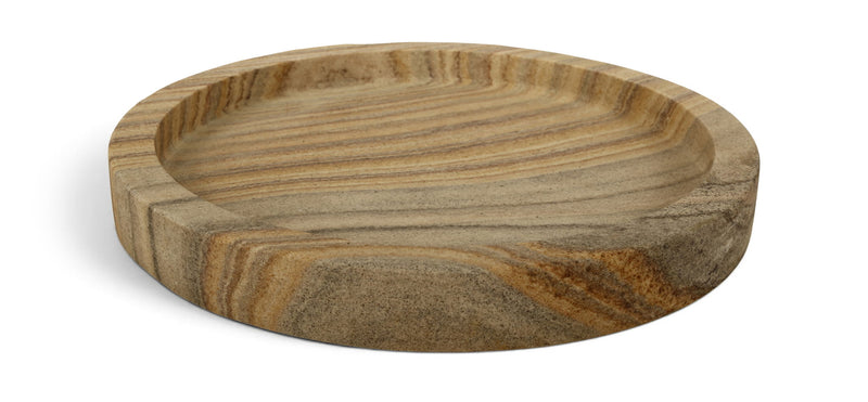 Sandstone tray with circular rim, natural tan and gray striped stone surface