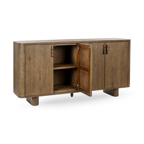 Tawny brown sideboard with open center doors and interior shelves, black hinges