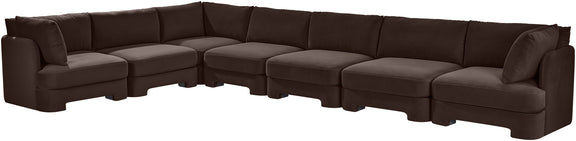 Dark brown upholstered 7-piece sectional sofa with chaise and corner seats