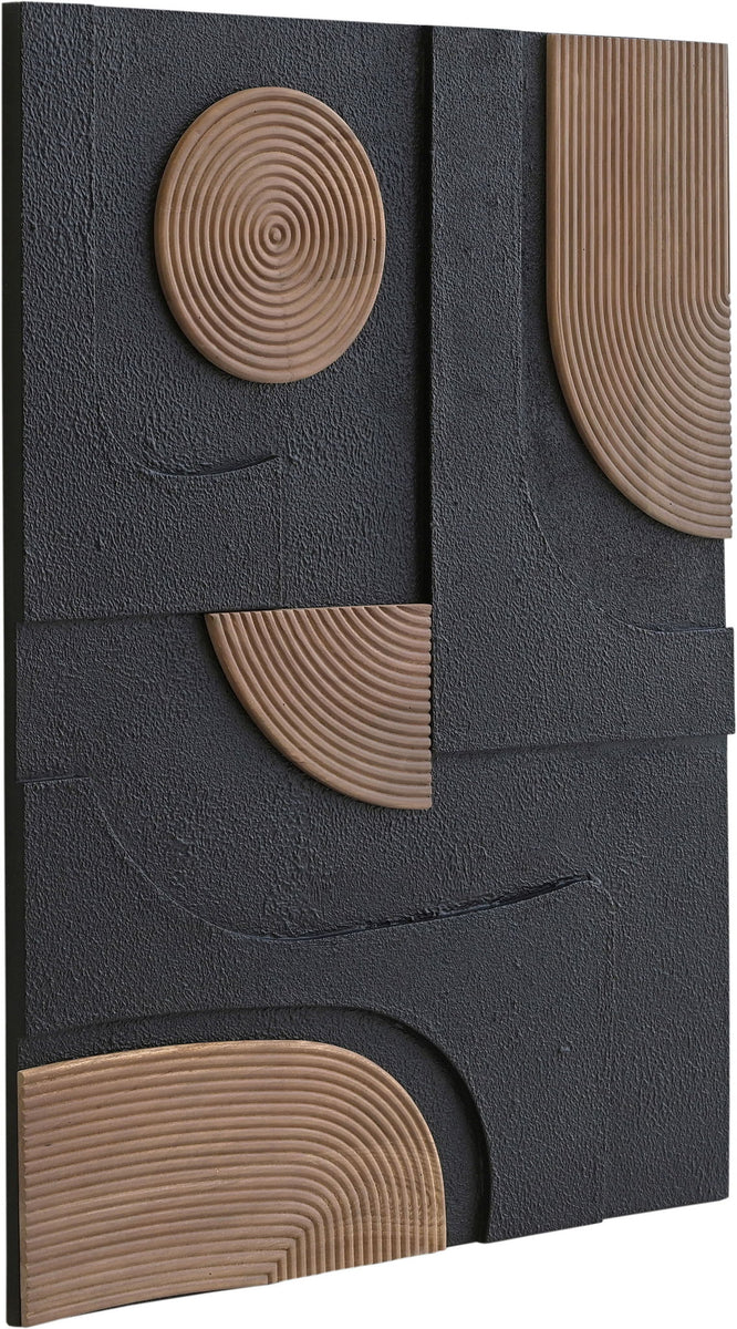 Mango wood wall art with circular ring motifs in tan and dark tones on textured panel