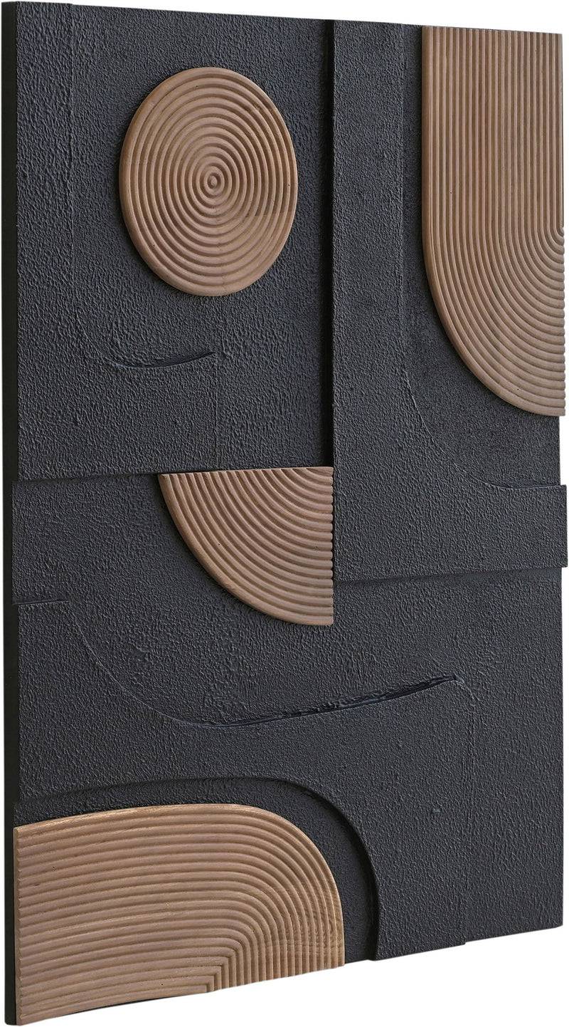 Mango wood wall art with circular ring motifs in tan and dark tones on textured panel