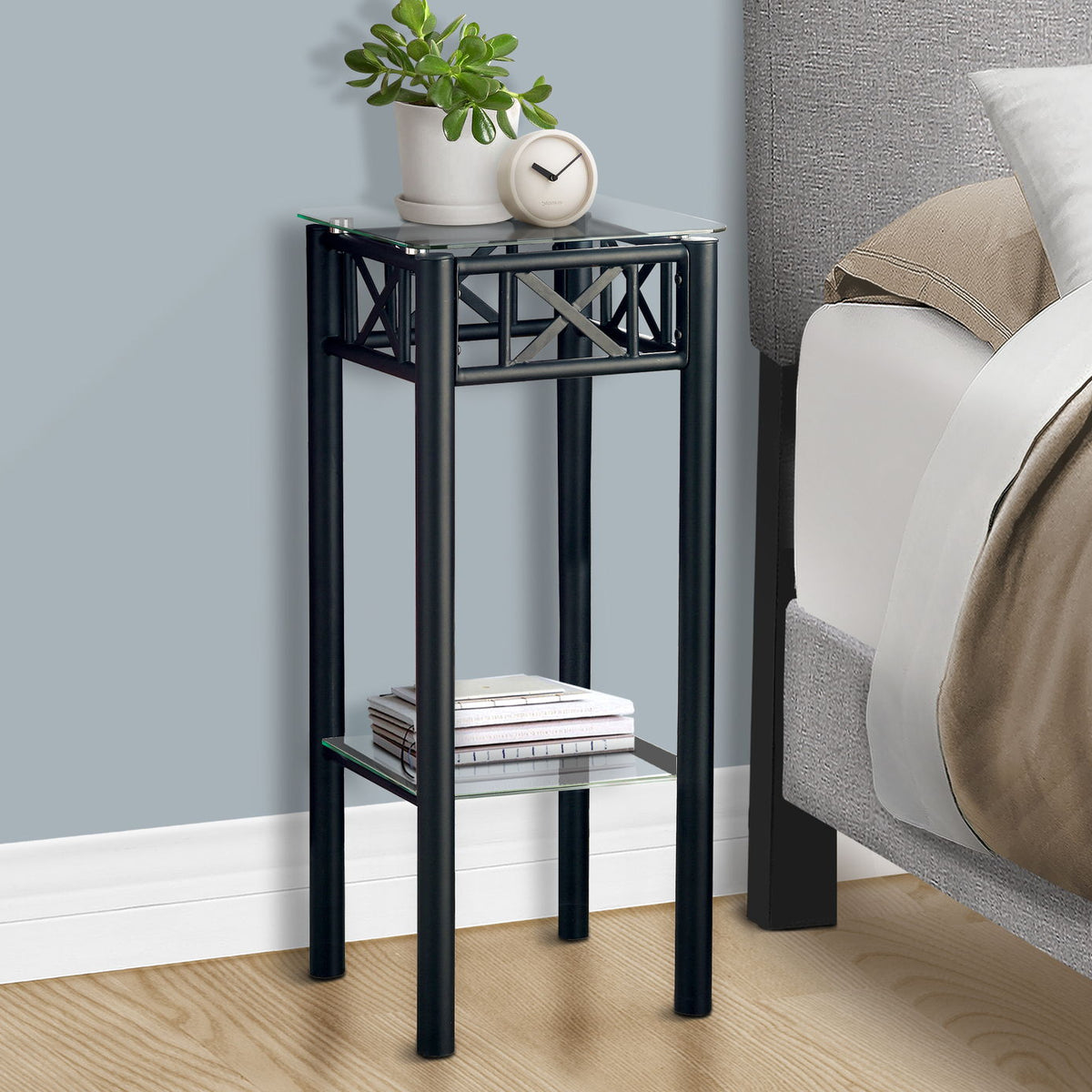 Accent Table Plant Stand Square For Living Room Tempered Glass