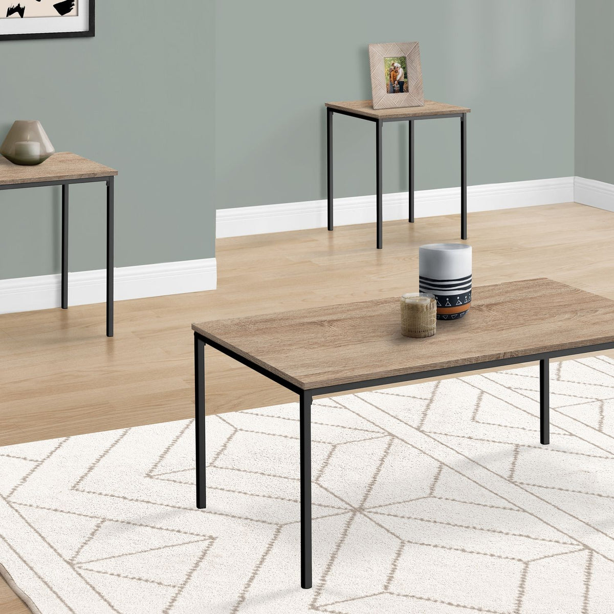 Coffee table set, light brown wood-look top with black frame and four legs
