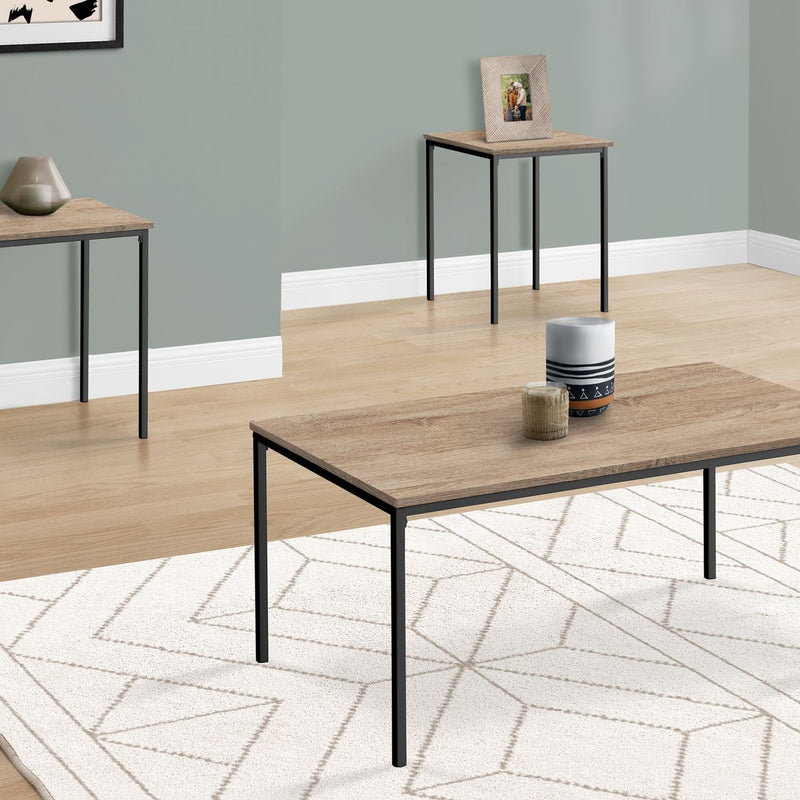 Coffee table set, light brown wood-look top with black frame and four legs