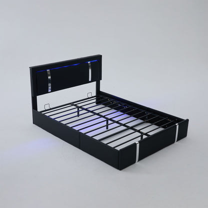 Upholstered platform bed frame with adjustable LED headboard, black design and slat grid