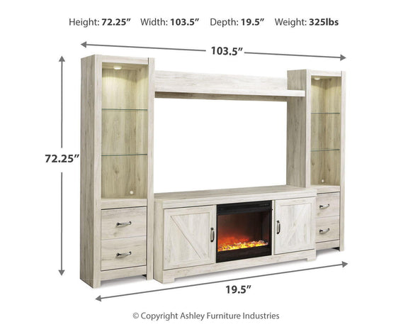 Light beige media entertainment center with side cabinets and center electric fireplace