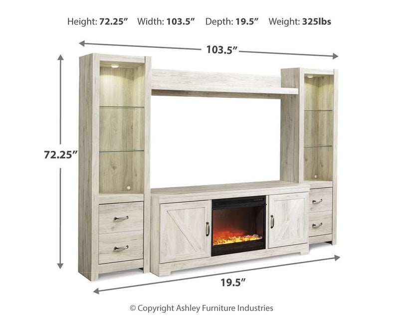 Light beige media entertainment center with side cabinets and center electric fireplace