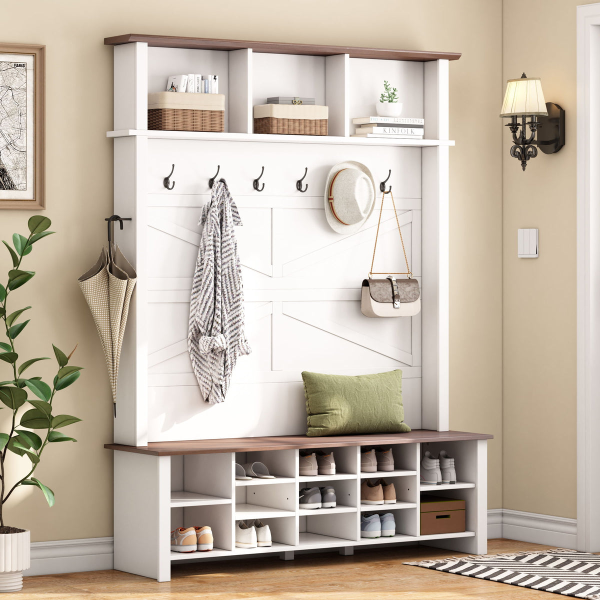 White hall tree with bench and coat hooks, hat rack, and open shoe cubbies