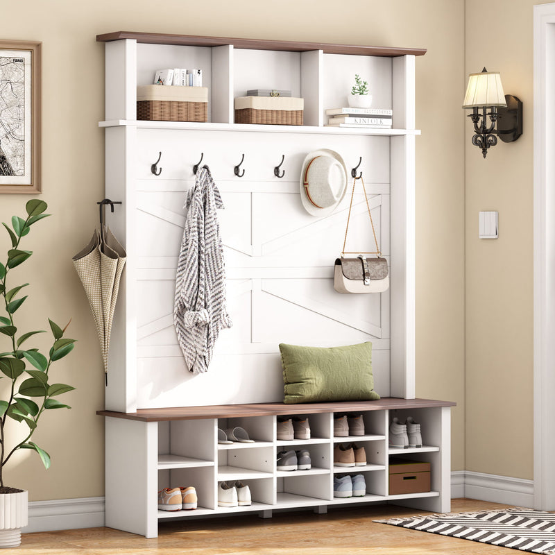 White hall tree with bench and coat hooks, hat rack, and open shoe cubbies